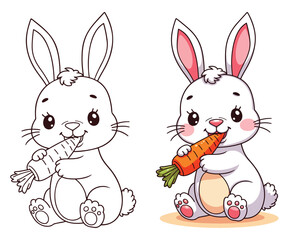 The Rabbit is eating a carrot Line Art Vector Outline Illustration Black and White with Coloring Sample. Bold and Easy Frost and Wild Animal Coloring Pages for Adults and Kids