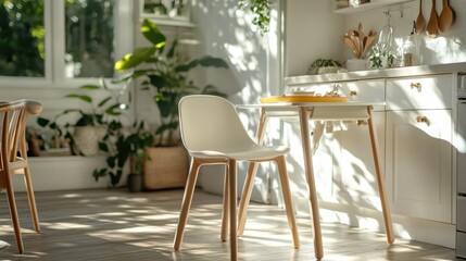 This stylish dining area features a minimalist design, bathed in soft sunlight and shadow, embodying a cozy, elegant atmosphere perfect for joyful meals with loved ones.