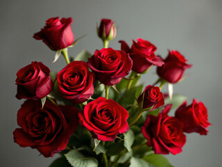 Obraz premium Bouquet of red roses with green leaves