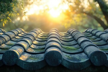 Moss-covered roof tiles bathed in warm sunset light, peaceful serene scene.