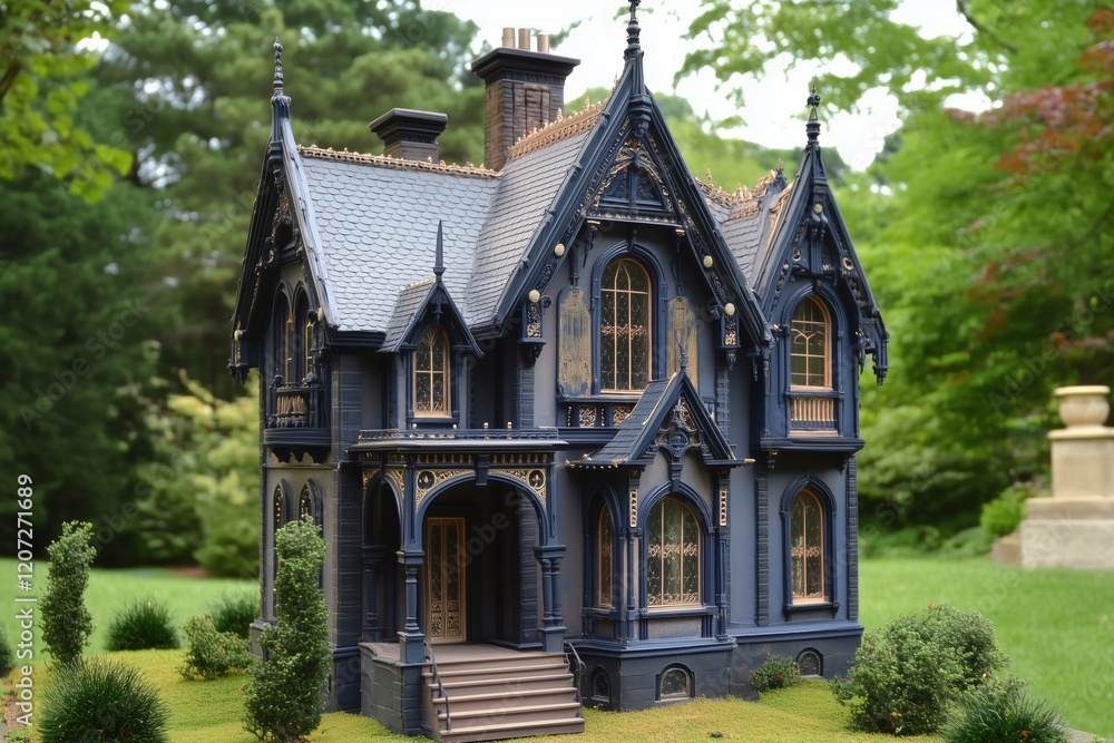 Poster a detailed model of a gothic revival style house with intricate architecture, featuring pointed arch