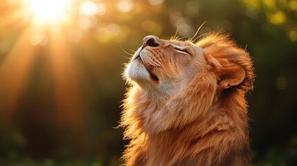 A lovely image of a lion gazing at the sun in golden light, symbolizing reflection and contemplation, capturing a moment of beauty in the wild.