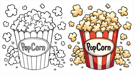 Popcorn Line Art Vector Illustration Black and White with Coloring Sample. Bold and Easy Food, Fruits, Sweets, Drinks, Dessert, and Snacks Coloring Pages for Adults and Kids