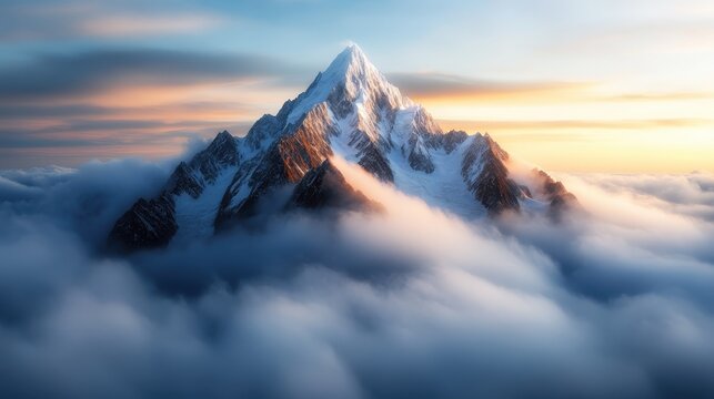 A breathtaking view of a towering snow-capped mountain bathed in warm sunset hues, with soft clouds surrounding its base, evoking a sense of tranquility and awe in nature's beauty.