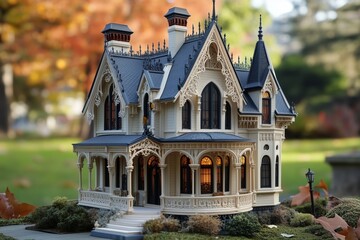 Fototapeta premium A detailed miniature model of a Gothic Revival Victorian-style house with intricate architectural features, surrounded by a garden in a park setting during autumn.