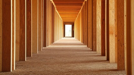 A dimly lit corridor of rustic wooden beams stretches ahead, with a warm glow beckoning from the end, inviting exploration and mystery.