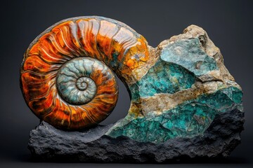 A mesmerizing ammonite fossil, vibrant orange and teal, embedded in a contrasting rock matrix.