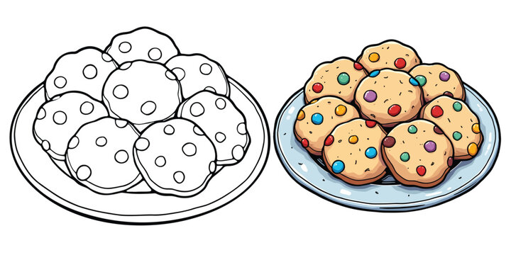 Sugar Cookies Line Art Vector Illustration Black and White with Coloring Sample. Bold and Easy Food, Fruits, Sweets, Drinks, Dessert, and Snacks Coloring Pages for Adults and Kids