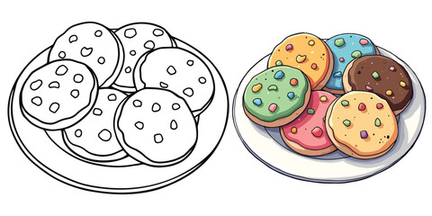 Sugar Cookies Line Art Vector Illustration Black and White with Coloring Sample. Bold and Easy Food, Fruits, Sweets, Drinks, Dessert, and Snacks Coloring Pages for Adults and Kids