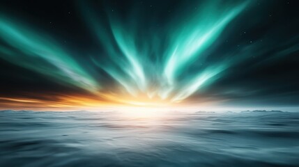 This mesmerizing image depicts an abstract exploration of colors in the sky at dawn, with ethereal auroras mirrored in the icy waters below, conveying feelings of wonder.