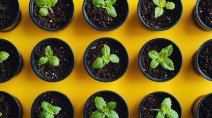 A cluster of small, glossy black pots cradles vibrant green plants, their leaves reaching out as if to embrace the sunlight in a warm, nurturing embrace.