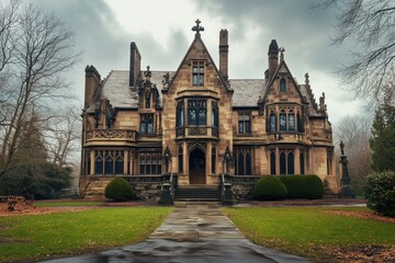 Fototapeta premium A grand, Gothic Revival style mansion with intricate architectural details, surrounded by trees and a manicured lawn. The sky is overcast, adding a dramatic atmosphere.