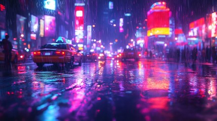 Rainy Night Cityscape Illuminated By Vibrant Neon Lights