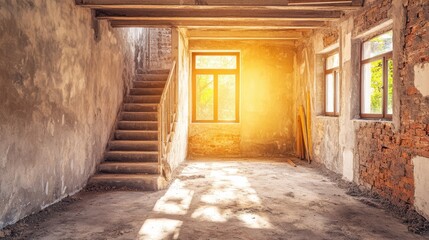 Obraz premium A serene room showcases a winding staircase leading to an elegant window, allowing soft light to dance across the walls and illuminate the space.