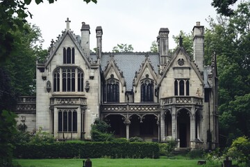 Fototapeta premium A grand, abandoned Gothic Revival house mansion surrounded by lush greenery. The architecture features intricate stonework, tall spires, and large arched windows.