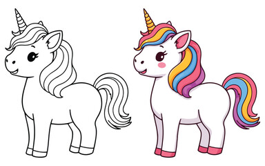 Cute Kawaii Unicorn Line Art Vector Illustration Black and White with Coloring Sample. Bold and Easy Animals Coloring Pages for Adults and Kids. Kids apparel print design