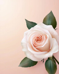 Fototapeta premium Elegant white rose with green leaves on soft peach background