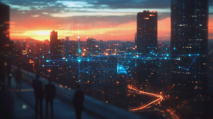 Fototapeta premium abstract professional business team people connection of line from nail node to node on cityscap and skyline background , networking concept