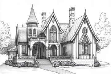 Obraz premium A detailed illustration of a Gothic Revival style mansion featuring pointed arches, a turret, and intricate architectural elements. The house is surrounded by trees and has a grand staircase.