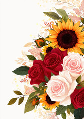 vibrant bouquet of red roses, white roses, and sunflowers with lush green leaves