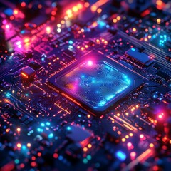 AI microchip with vibrant light beams. A great fit for tech banners, blogs, and innovation showcases.