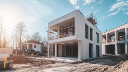 Two houses rise from the earth, framed by wooden beams and surrounded by tools, as workers bring dreams to life on a vibrant construction site.