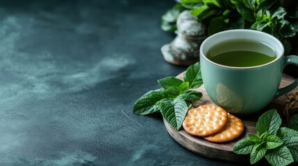 A serene setting featuring a cup of green tea paired with crackers and surrounded by fresh mint leaves, inviting a sense of calm and comfort in its aesthetic presentation.
