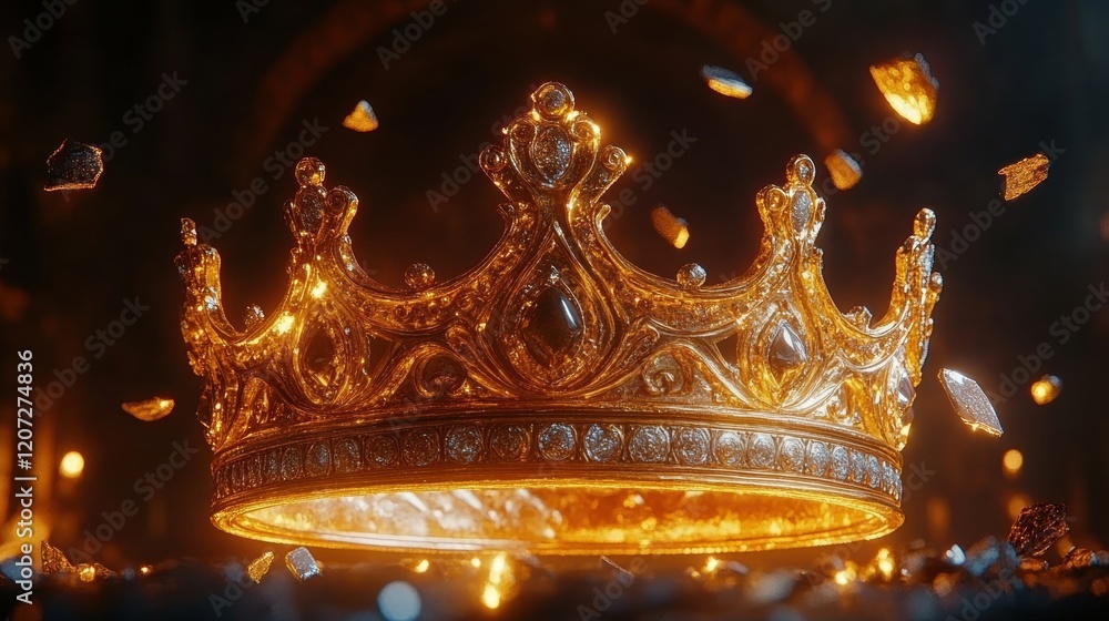 Poster golden crown surrounded by shimmering particles in dark setting