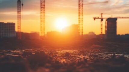 Aerial view captures a bustling construction site, where towering cranes dance against the skyline, shaping the future with steel and ambition.