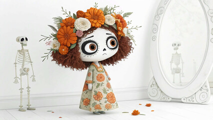Elegance in White: A Curly-Haired Girl in a Floral Dress, Surrounded by Skeletons"