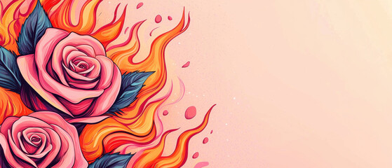 Pink roses with fiery flames on soft gradient background, evoking passion and energy
