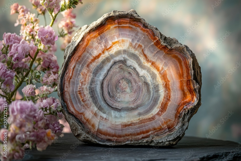 Poster a mesmerizing cross-section of agate showcasing vibrant concentric bands of color and texture.