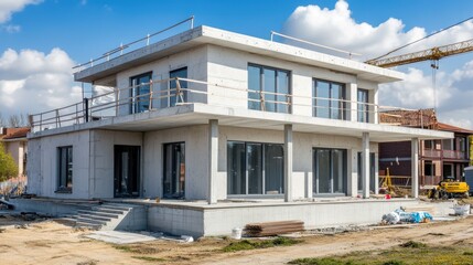 A skeletal house rises amidst construction chaos, a sturdy crane towering behind, symbolizing progress and dreams taking shape against the blue sky.
