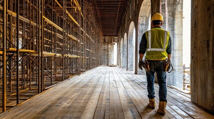 Fototapeta premium A focused construction worker strides confidently through a spacious room, surrounded by towering scaffolding, embodying determination and strength.