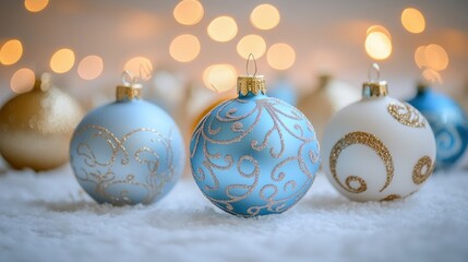 Elegant Blue and Gold Christmas Ornaments on Soft Snow Background