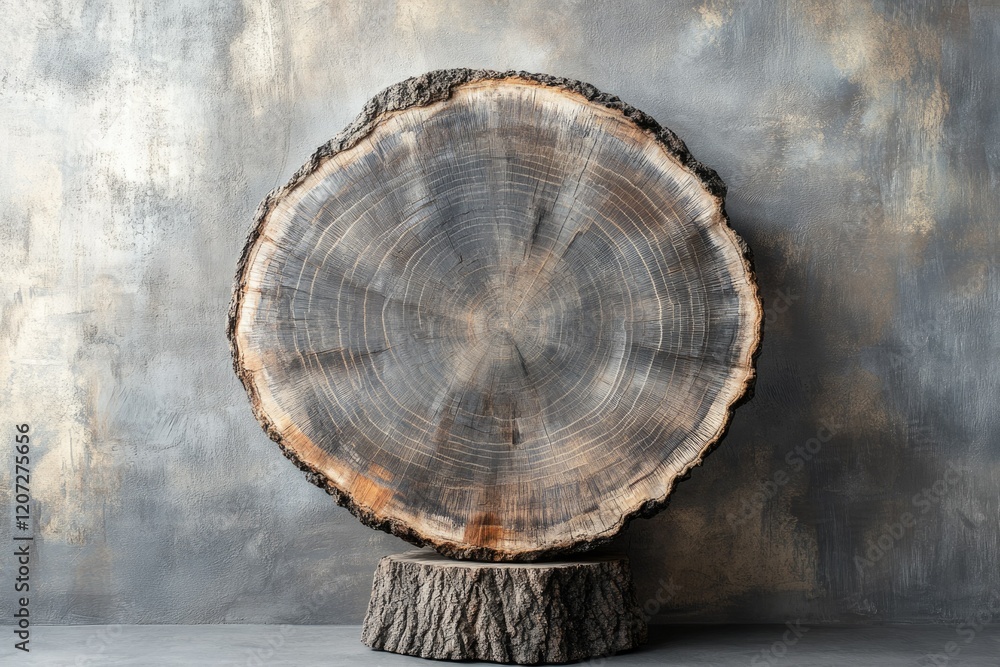 Poster a large tree cross-section displayed on a smaller tree stump against a textured wall.