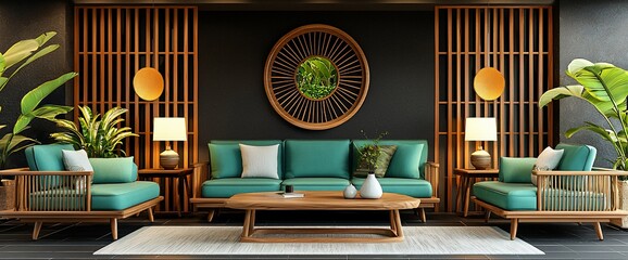 Teal sofa in a modern zen living room with wooden accents.