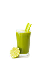 Green Detox Juice with Kale, Lemon, Celery, and Apple on White Background