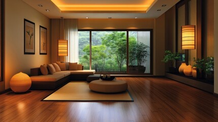 Fototapeta premium Serene Japanese-inspired living room with garden view