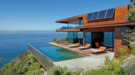 Fototapeta premium Oceanfront Modern House with Infinity Pool and Stunning Coastal Views
