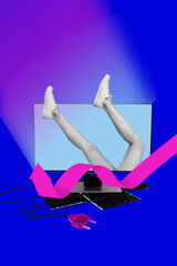 Fototapeta premium Creative art sketch image collage of anonym girl legs fall pc monitor addiction cyberspace arrow development computer technology