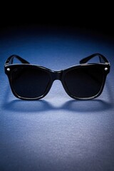 Stylish Black Sunglasses on Dark Blue Background Modern Fashion Accessory
