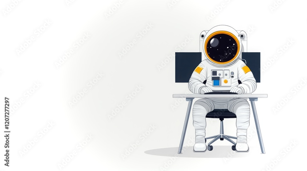 Poster astronaut working at home computer to analyze ai data in a modern setting
