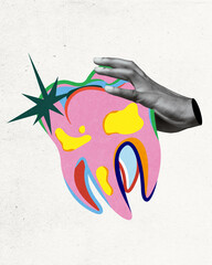 Colorful abstract representation of tooth, surrounded by monochrome hand. Conceptual art design....