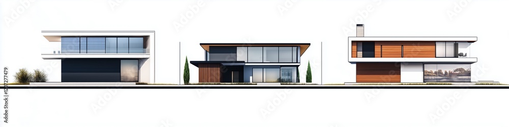 Poster a modern architectural design showcasing three distinct houses in a row. each house features unique 