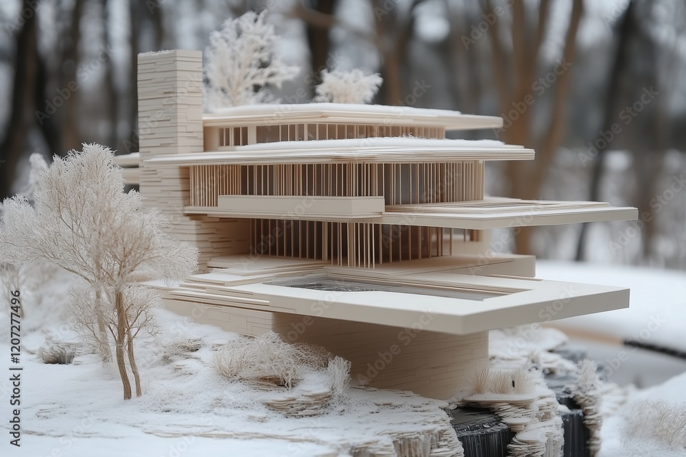 Poster a detailed architectural model of a modern house, featuring multiple levels and large overhangs, set