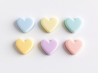 Fototapeta premium Six pastel-colored heart-shaped candies arranged in two rows on a light background.