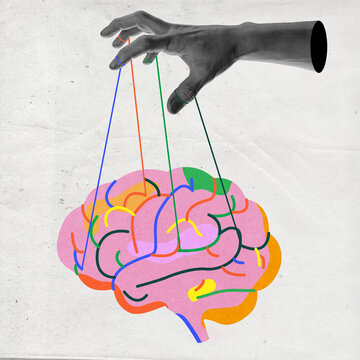 Abstract depiction of brain with vibrant neural connections manipulated by hand. Mental health, control, and neuroscience. Conceptual art design. Concept of medicine, treatment, health care
