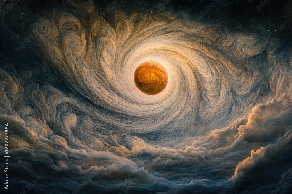 Poster a celestial body encircled by swirling cosmic clouds, creating a mesmerizing vortex of color and lig