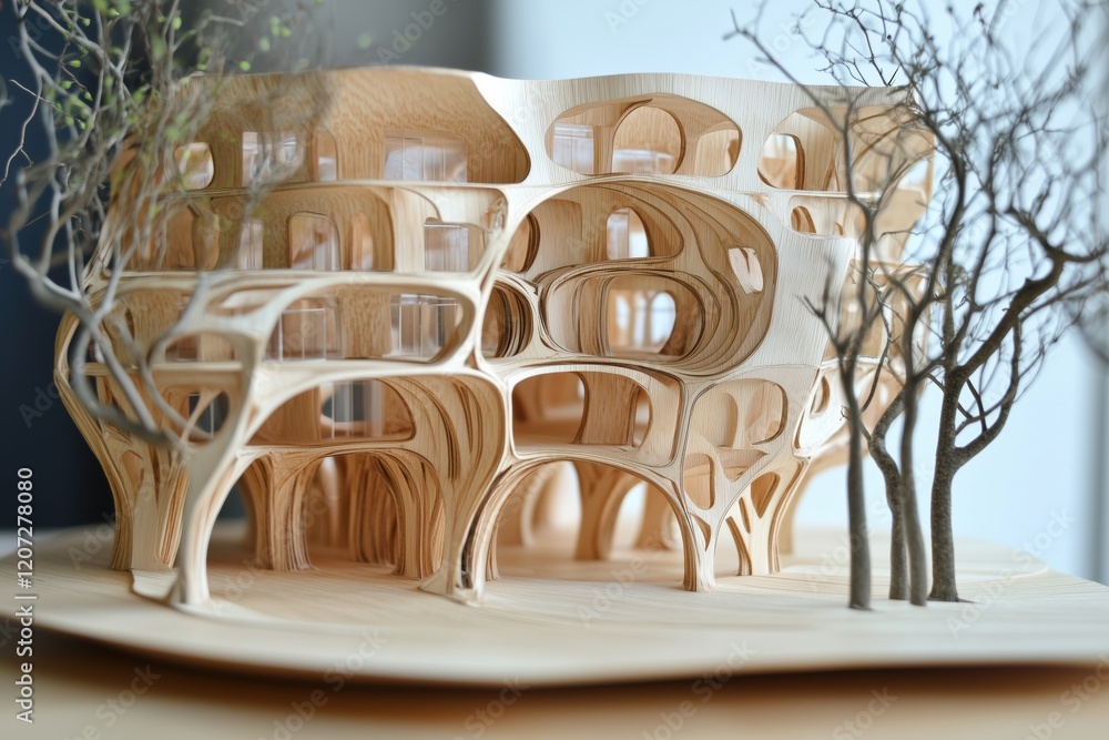 Poster a detailed modern architectural model made of wood, showcasing organic shapes and structures resembl